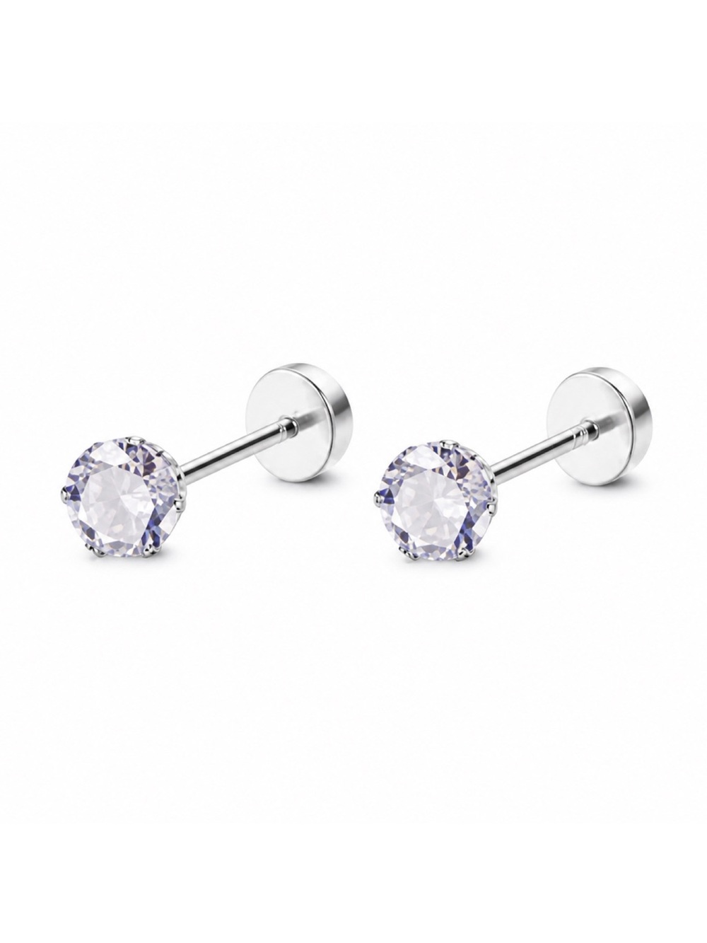 Light Purple CZ Stud Earrings 4mm Stainless Steel Screw Flat Back